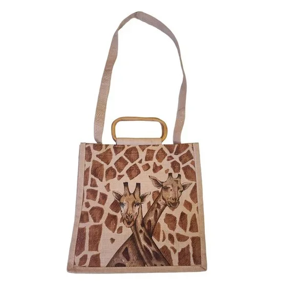 Giraffe Tote with wooden handle and strap - Picture 11 of 16